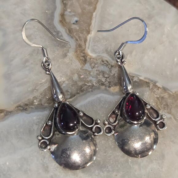 Vintage Sterling Silver Garnet Drop Dangle Earrings - Picture 2 of 12